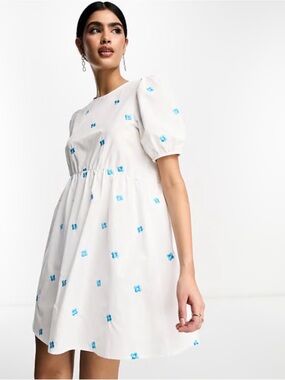 YAS smocked embroidered white mini dress puff sleeves cottagecore